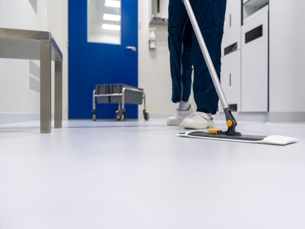 Personal de limpieza trabajando en un ambiente interior